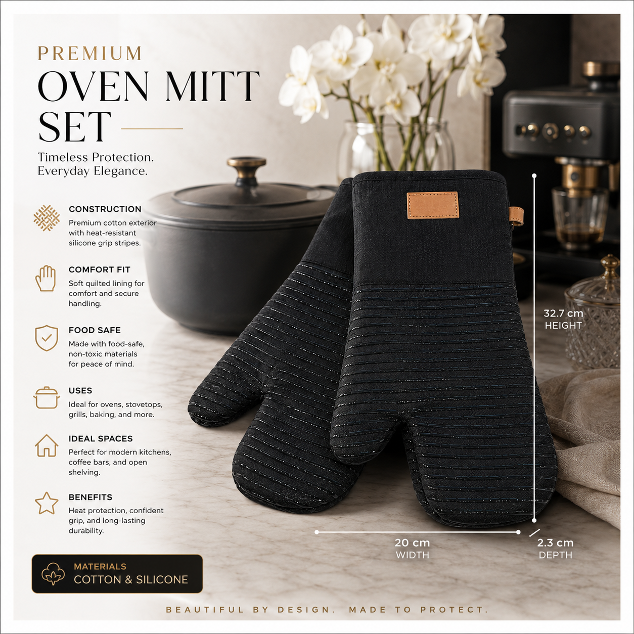BPA Free -Heat Resistant Cotton Silicone Oven Mitts -Double Padded-Non Slip