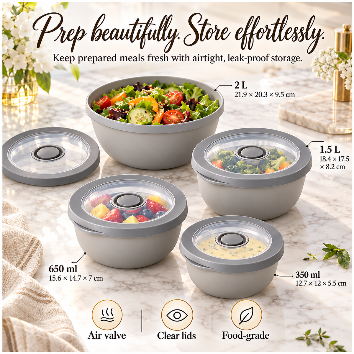 Airtight Round Food Storage Container Set of 4 – Grey, Clear Lids, BPA-Free