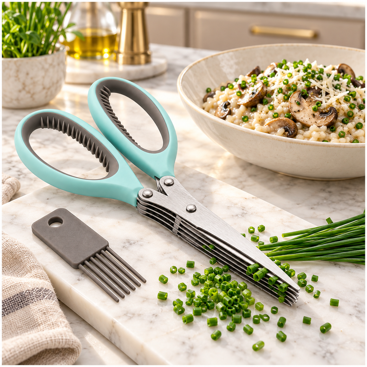 Multi-Blade Herb Scissors and Cleaning Comb Set-2 Piece ,Blue and Grey-20cm