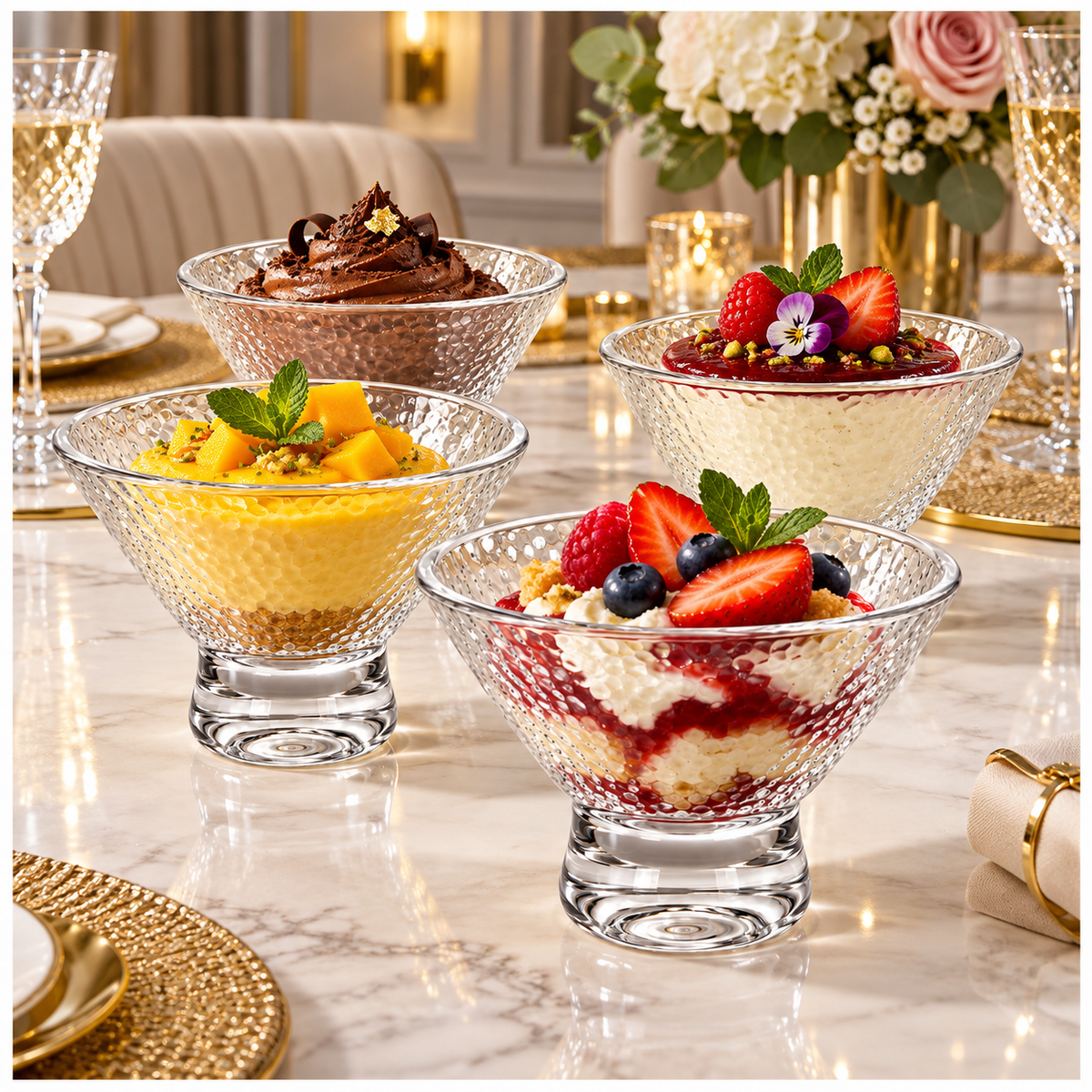 Elegant Glass Footed Dessert Bowls 180ml – Clear Textured Set of 4