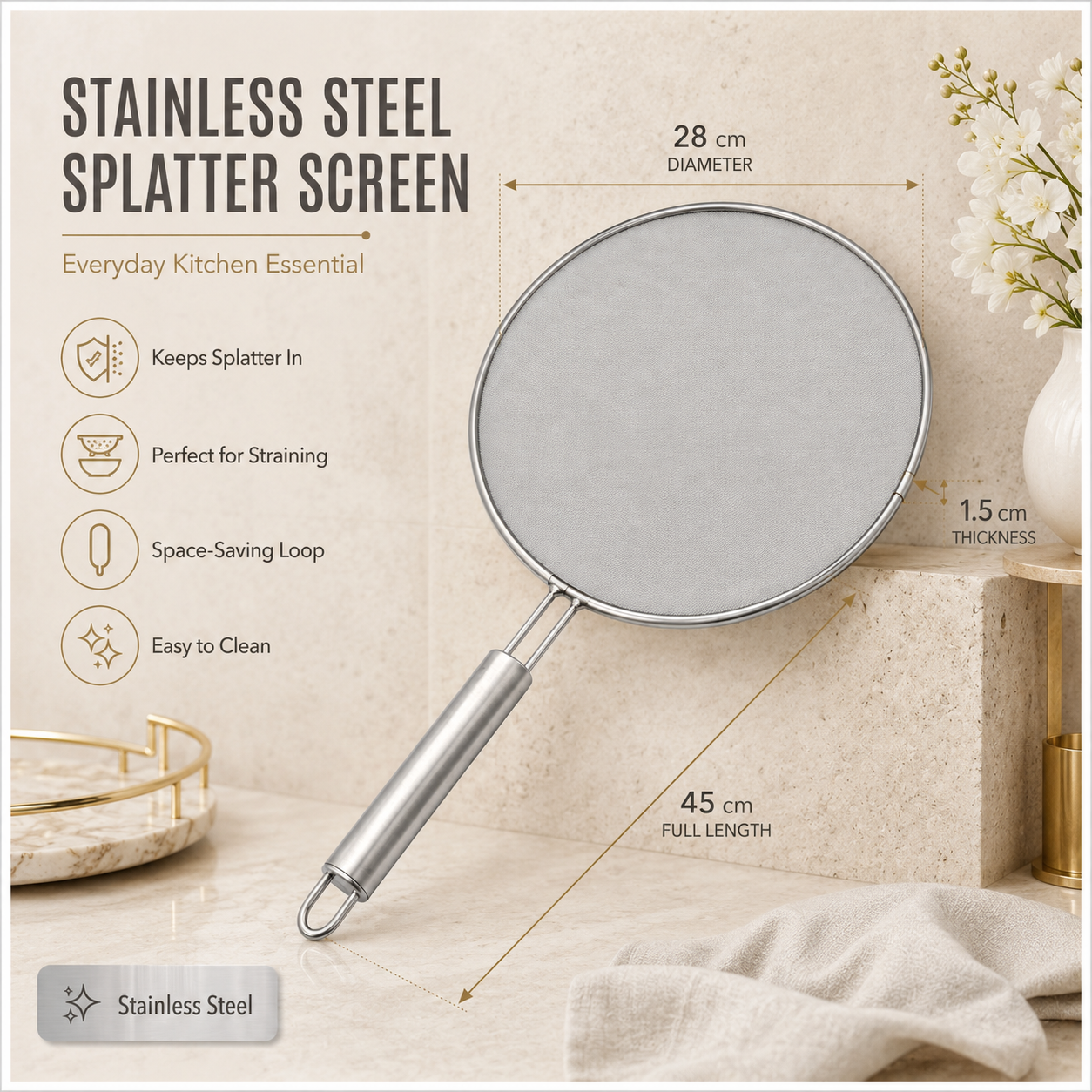 Essential 28cm Stainless Steel Splatter Screen with Easy-Grip Handle