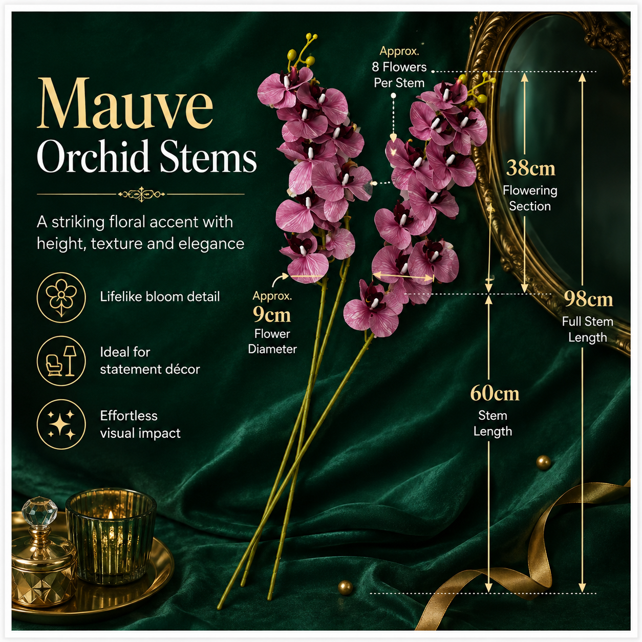 3 Piece Decorative Orchid Stem Set – Beautiful Tall Flowers -98 cm