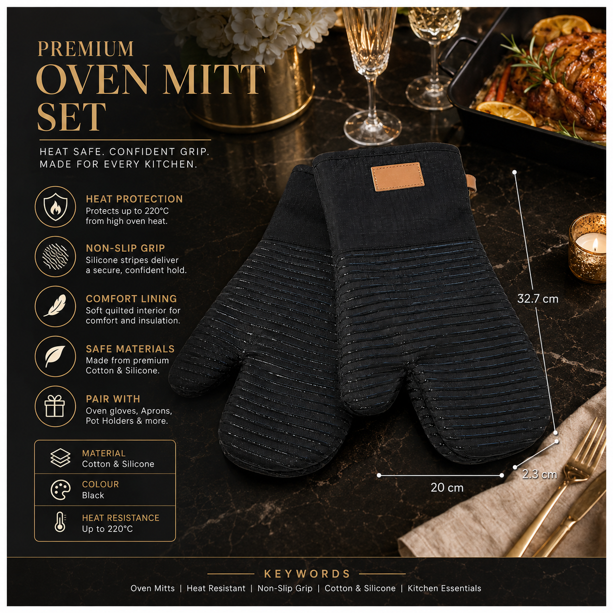 BPA Free -Heat Resistant Cotton Silicone Oven Mitts -Double Padded-Non Slip