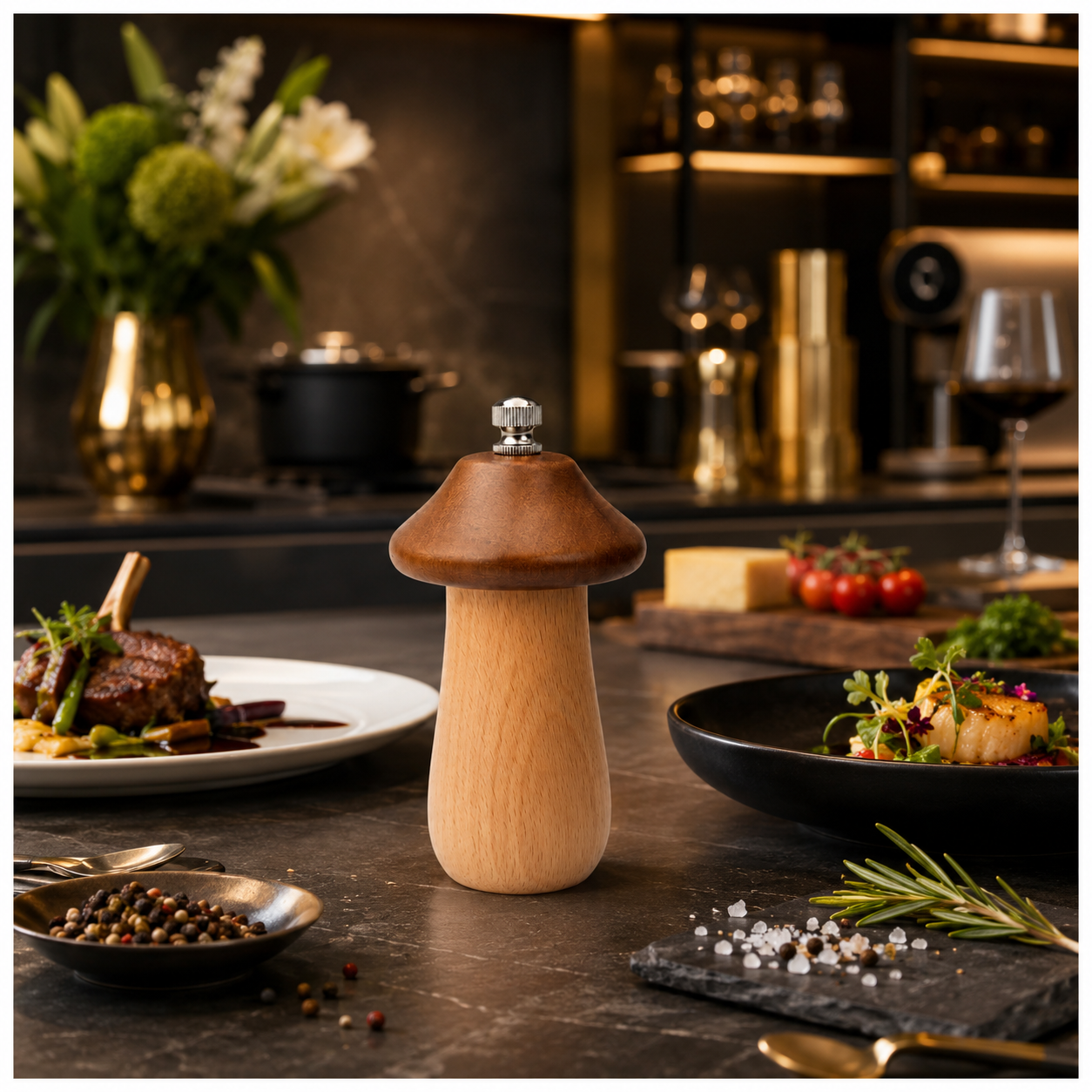 Natural Beech Wood Mushroom Pepper Mill with Adjustable Grind Control-12 cm