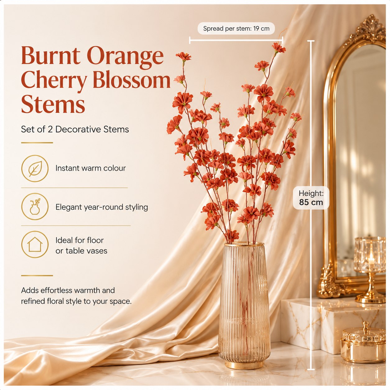 Elegant Faux 2 Cherry Blossom Stems - 85cm- White or Peach Floral Decor