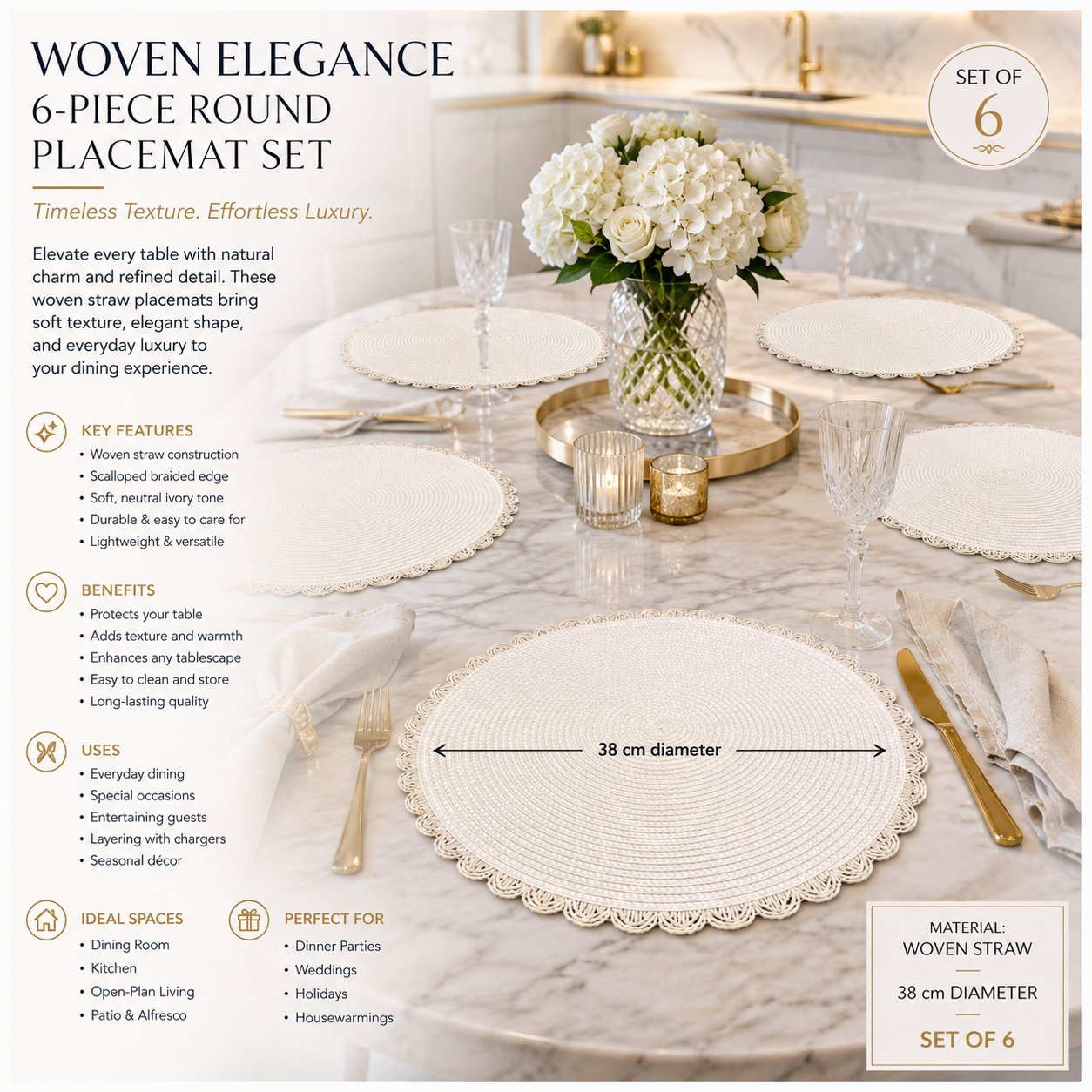 6-Piece Round Woven Straw Placemats with Scalloped Edge – 38cm