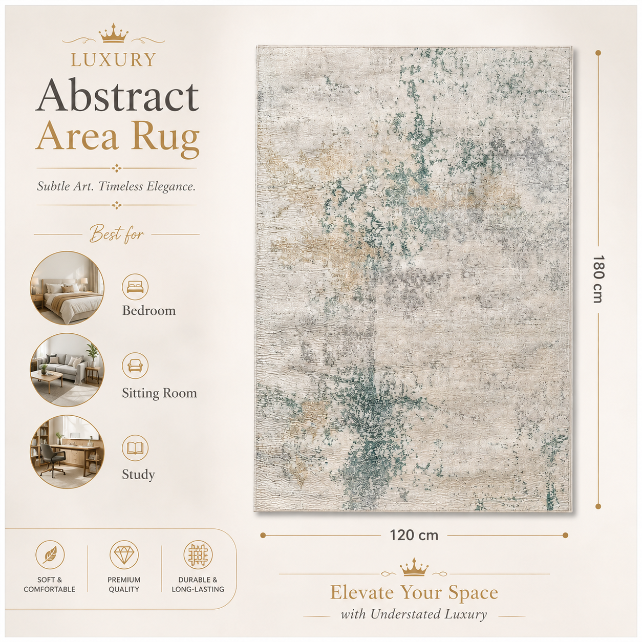 Modern Abstract Area Rug - 180cm x 120cm – Green, Cream Soft Accent Rug