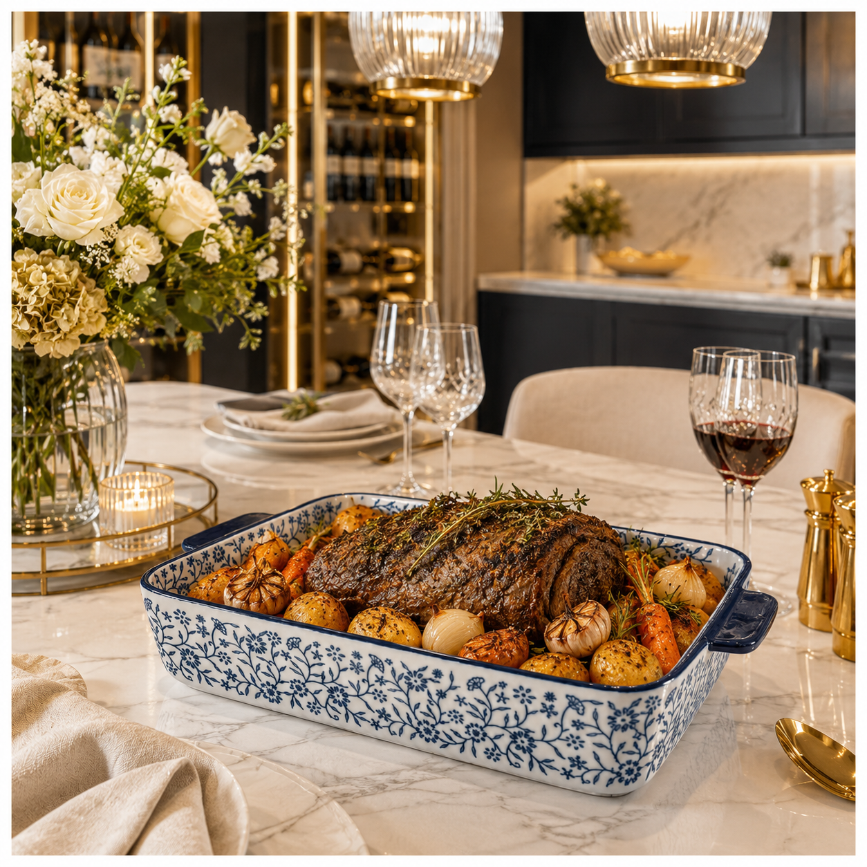 Premium White-Blue Porcelain Rectangular Casserole Dish -Serving Dish -31cm