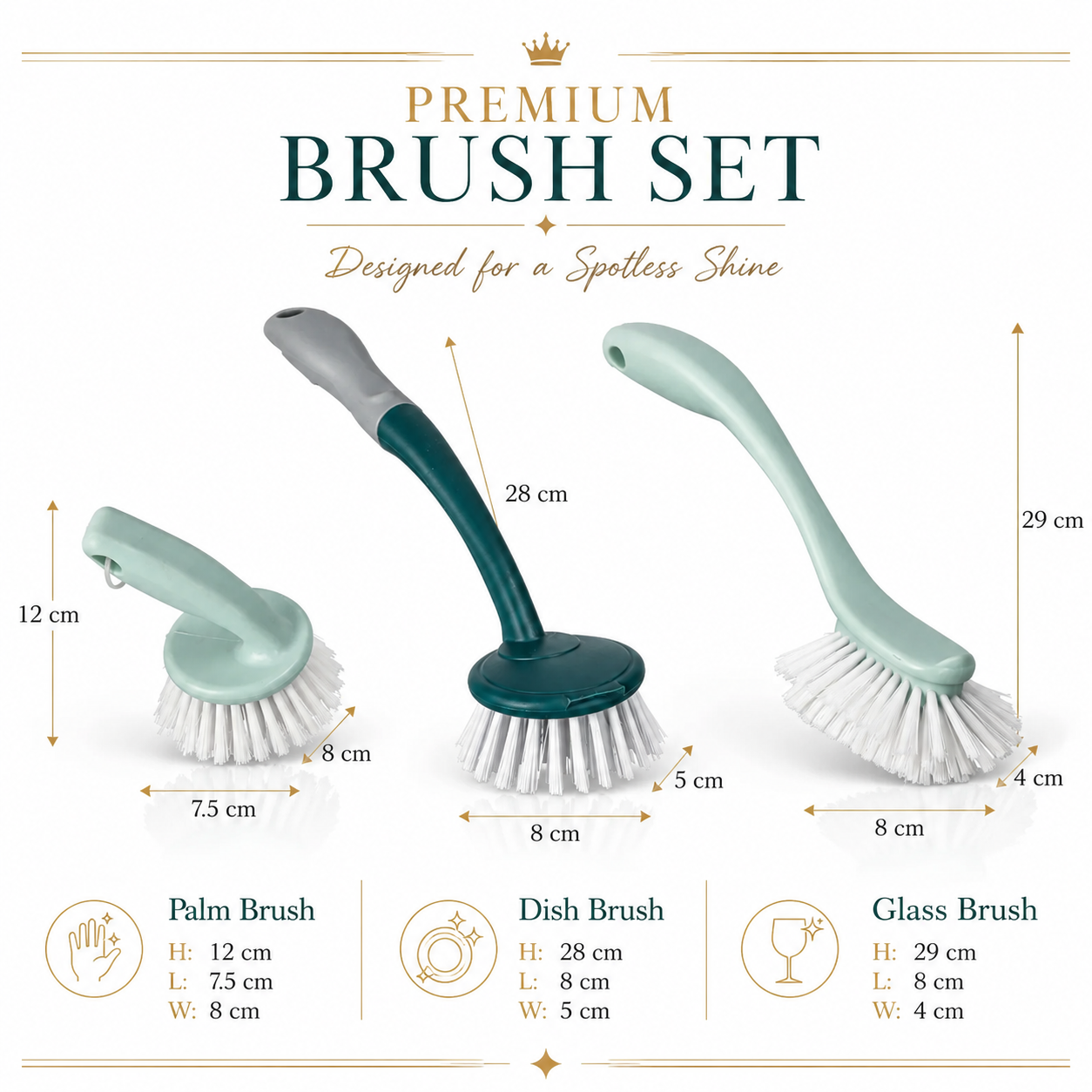 Essential 3 Piece Dish Brush Set with Palm Brush and Glass Cleaning Brush