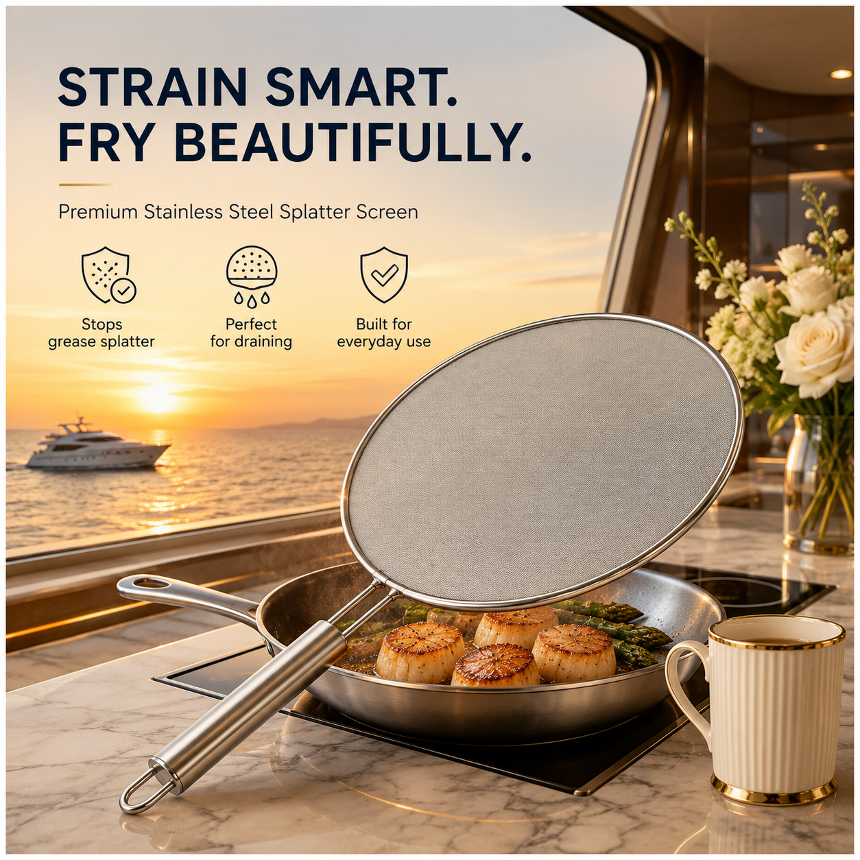 Stainless Steel Splatter Screen with Easy-Grip Handle – 33cm