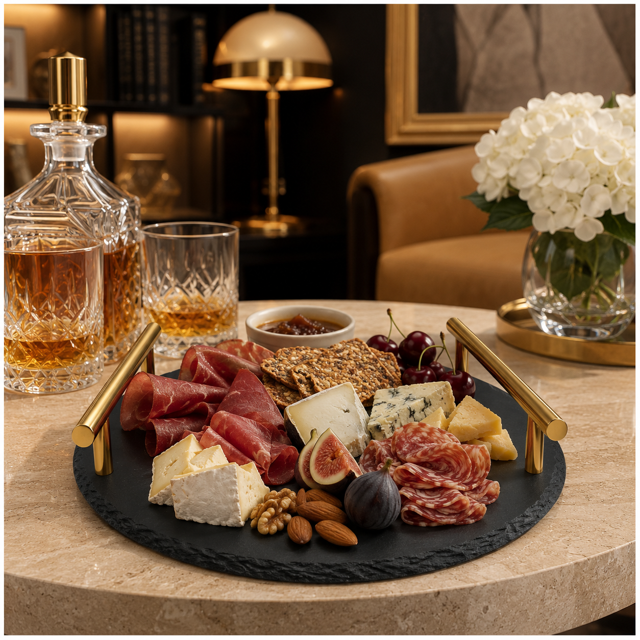 Midnight Slate Round Serving Tray With Metallic Gold Handles