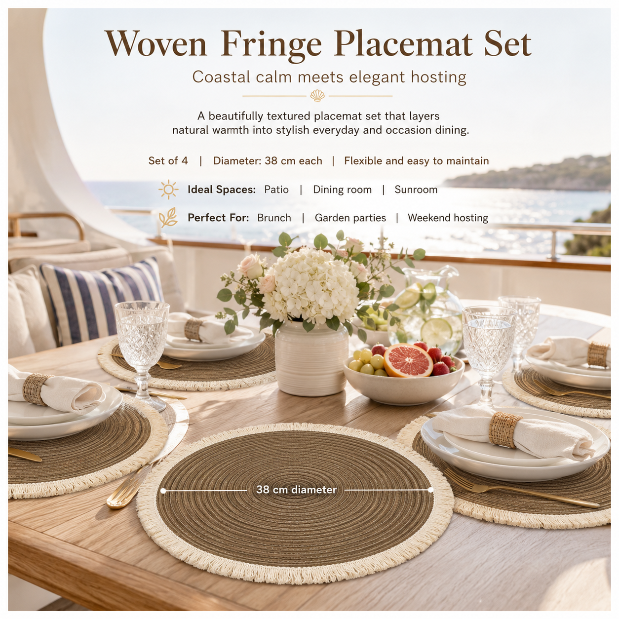 Essential 4-Piece Round Woven Fringe Placemat Set – 38 cm
