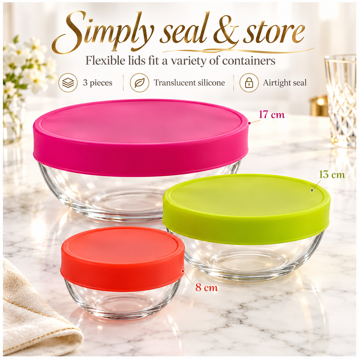 Flexible Silicone Stretch Lids 3-Piece Set | Airtight Food Covers, 8–17 cm