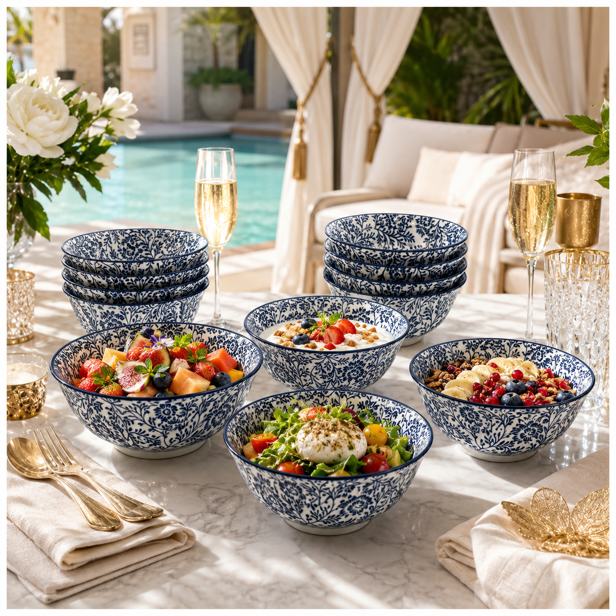 Elegant 10-Piece Blue White Porcelain Bowl Set - Beautiful Floral Serveware