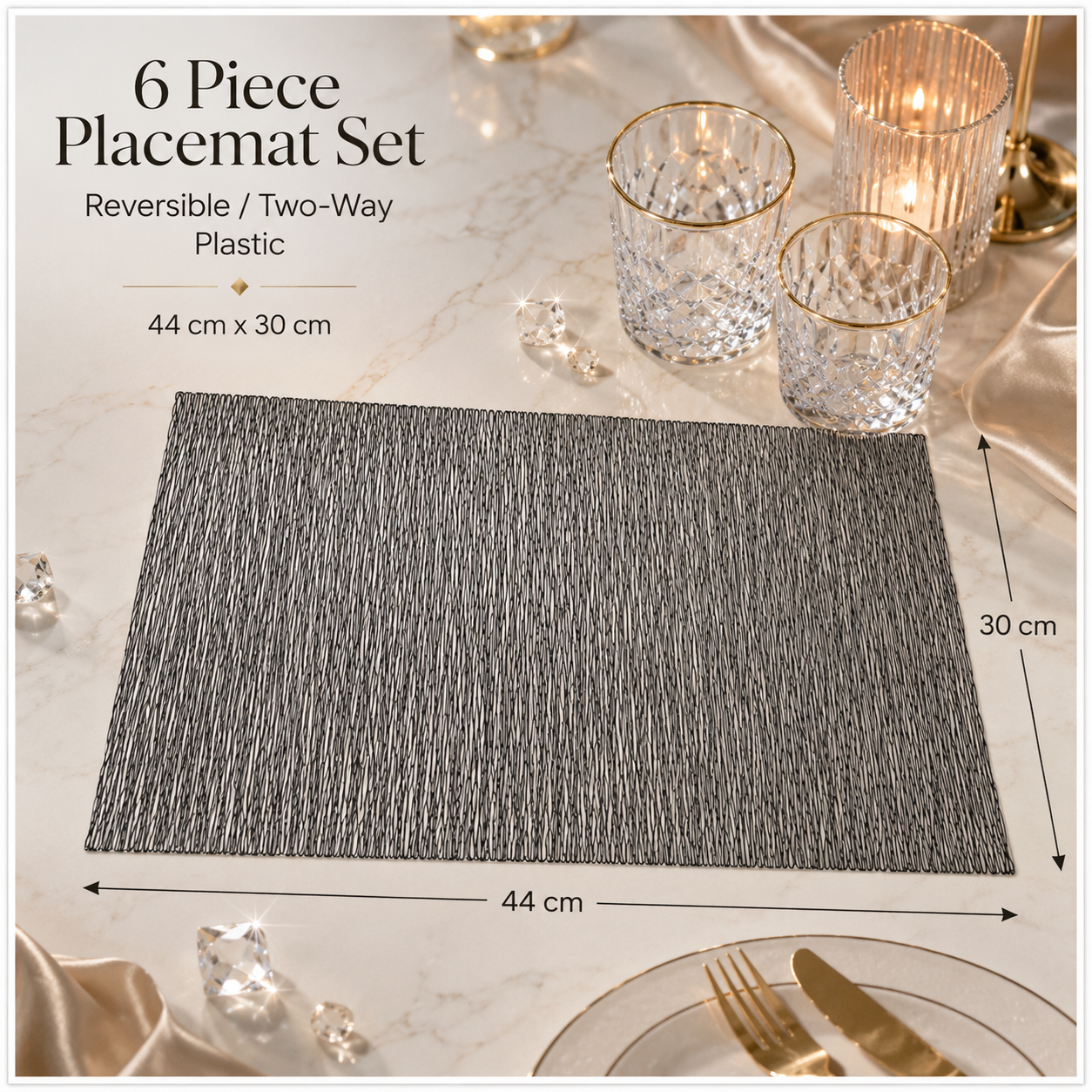 6-Piece Reversible Black Textured Waterproof Placemats – Dining Table Mats