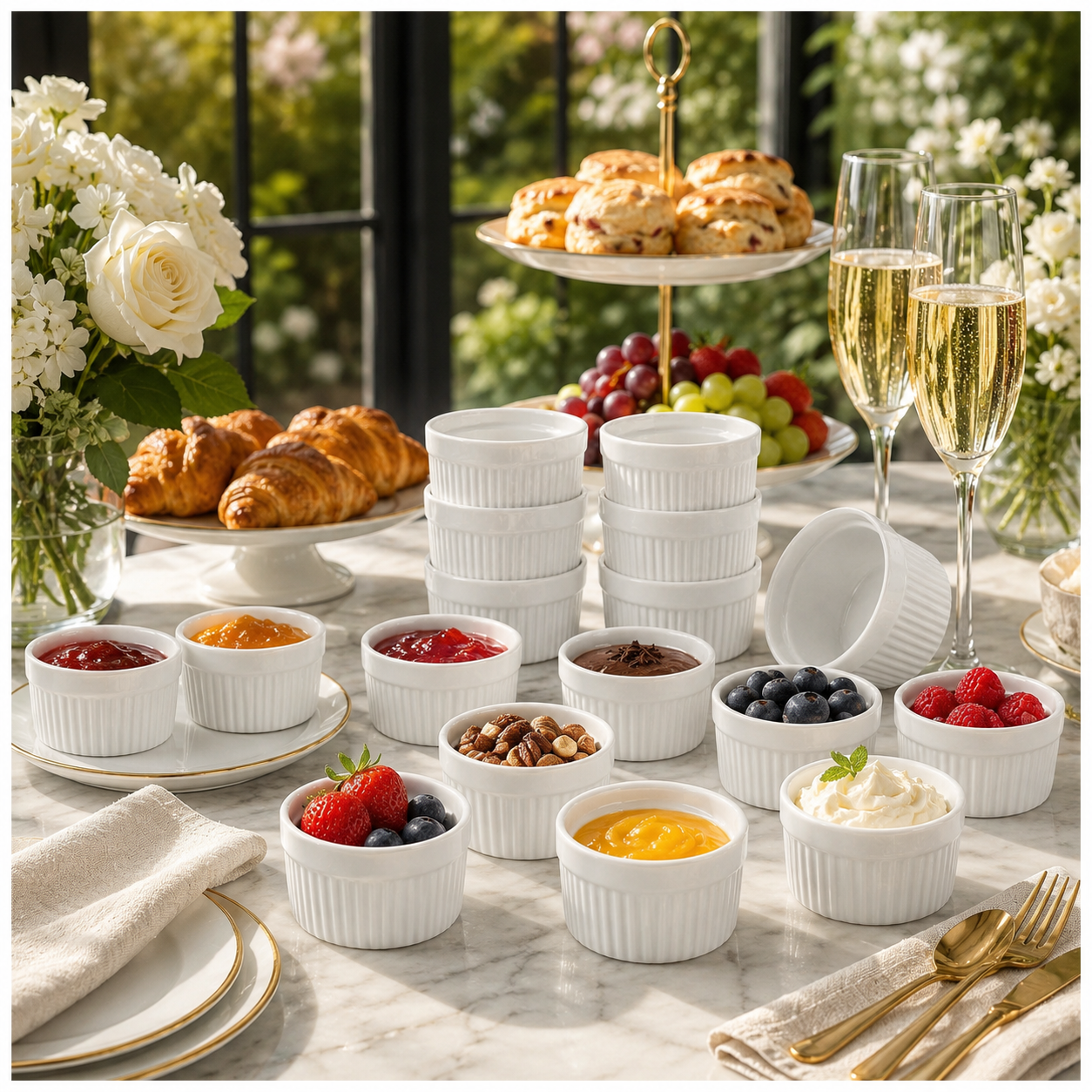 White Porcelain Ramekins Set of 12–Classic Ribbed Dessert and Baking Bowls