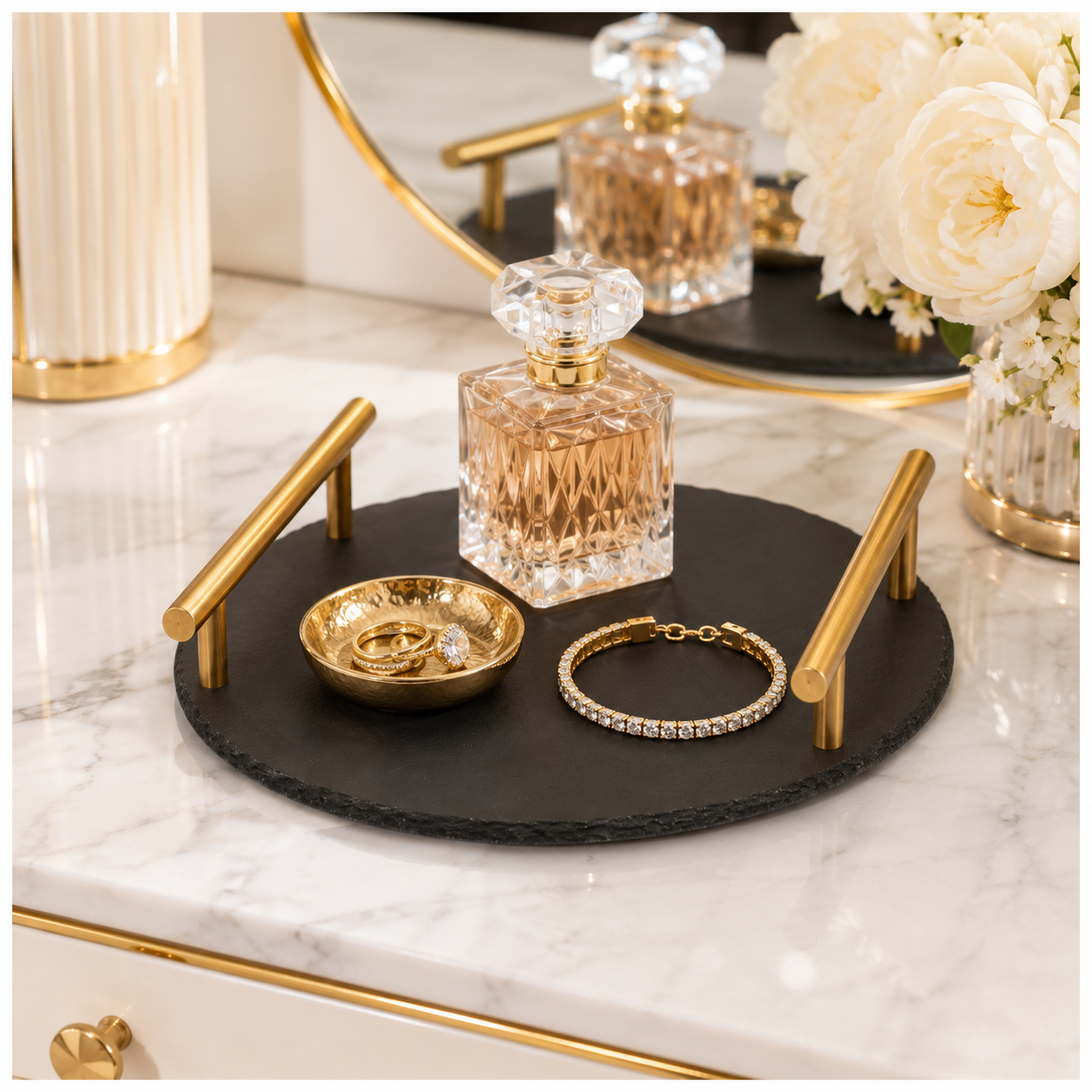 Midnight Slate Round Serving Tray With Metallic Gold Handles