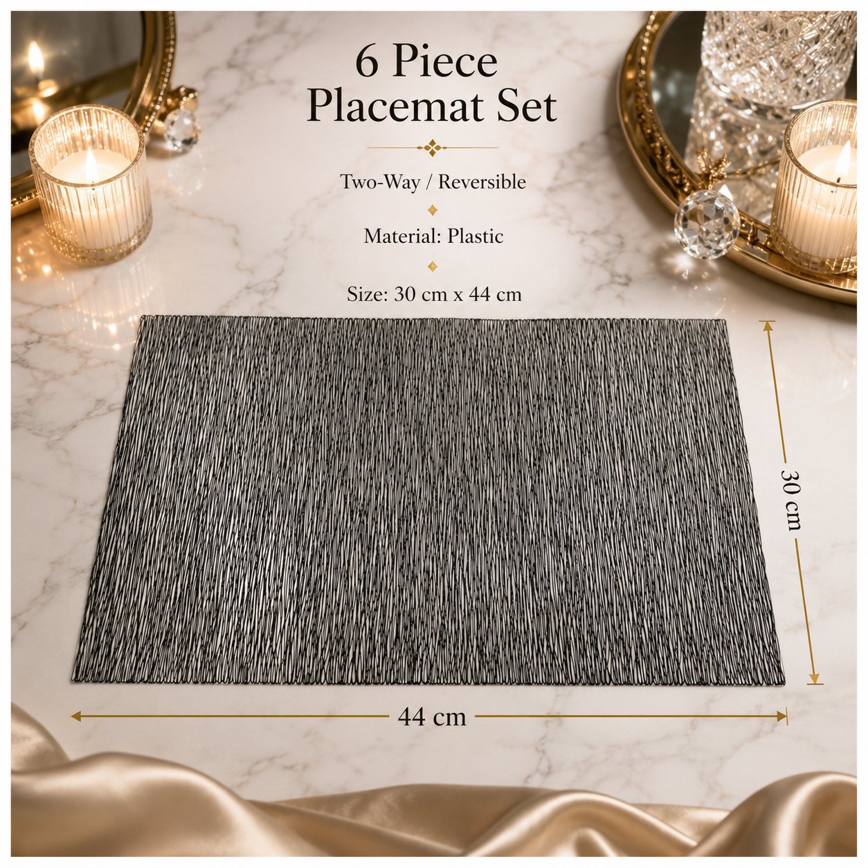 6-Piece Reversible Black Textured Waterproof Placemats – Dining Table Mats