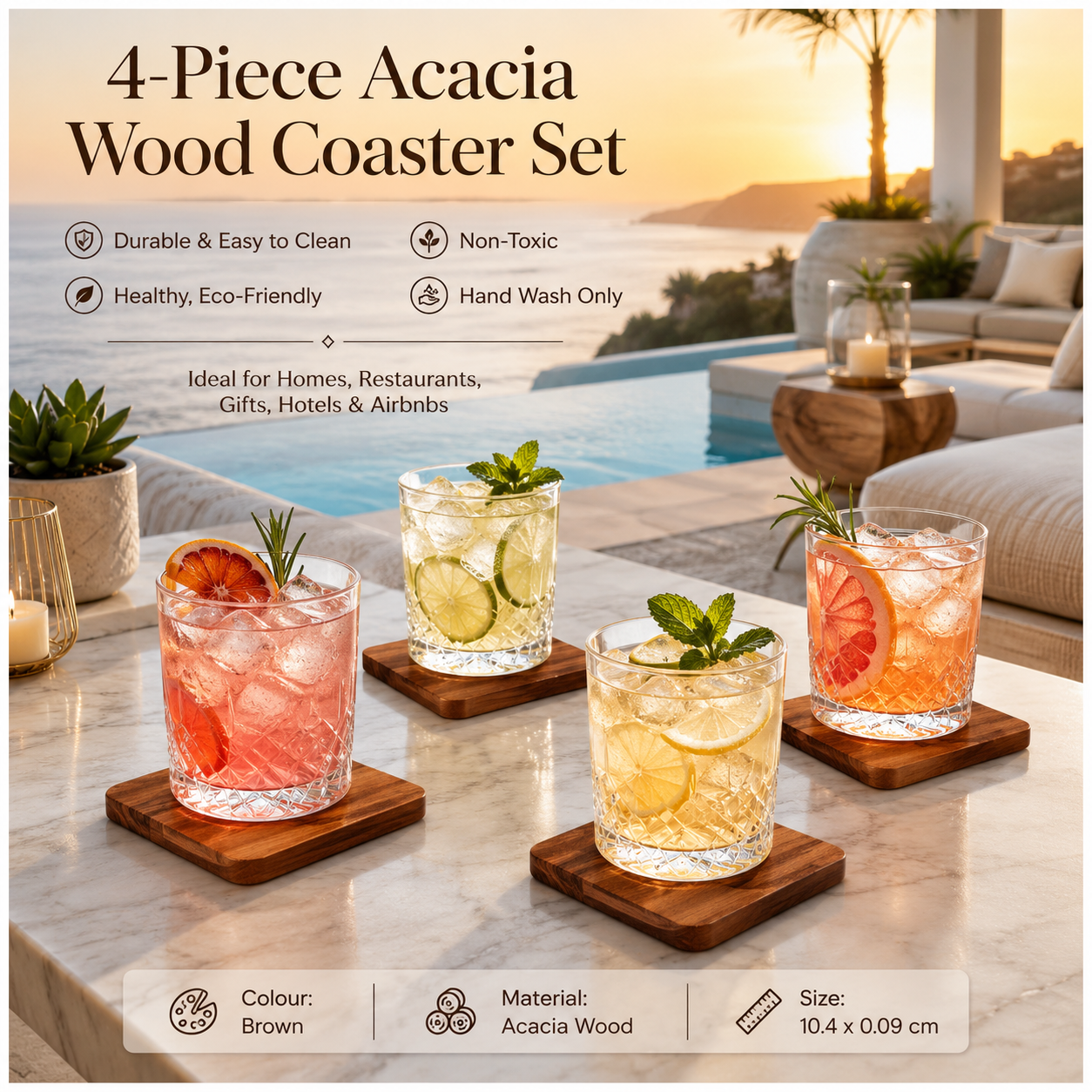 4-Piece Acacia Wood Coaster Set – Brown Wooden Drink Coasters- Eco Friend