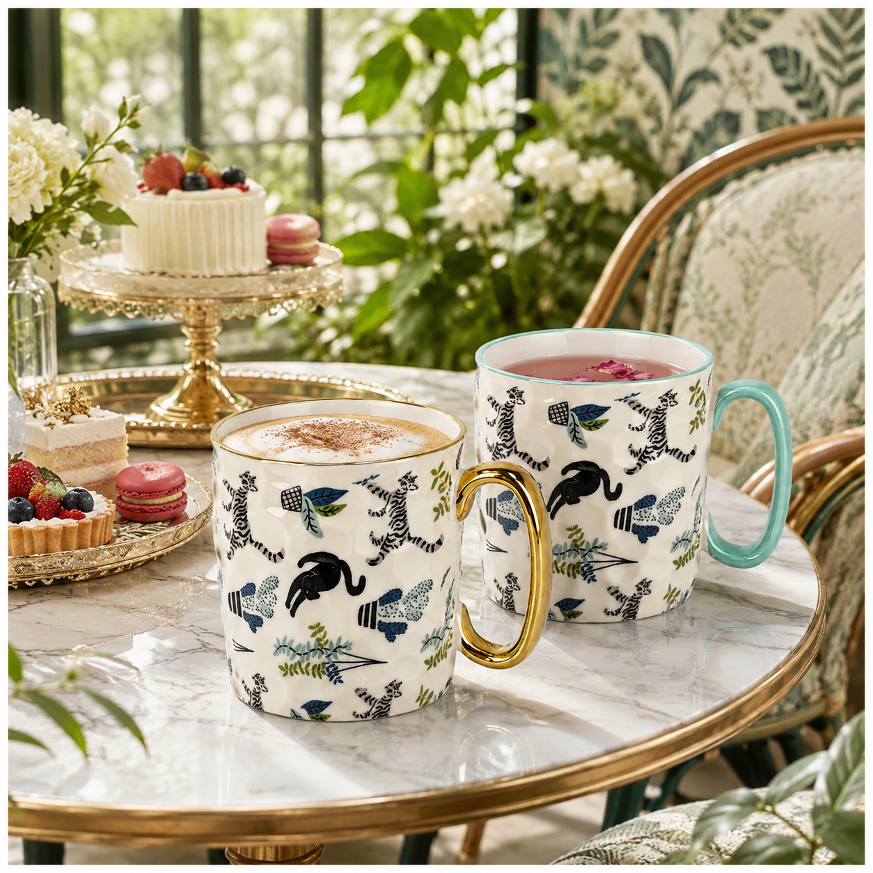 2-Piece Textured Porcelain Coffee Mug Set – 310ml Floral Cat Design
