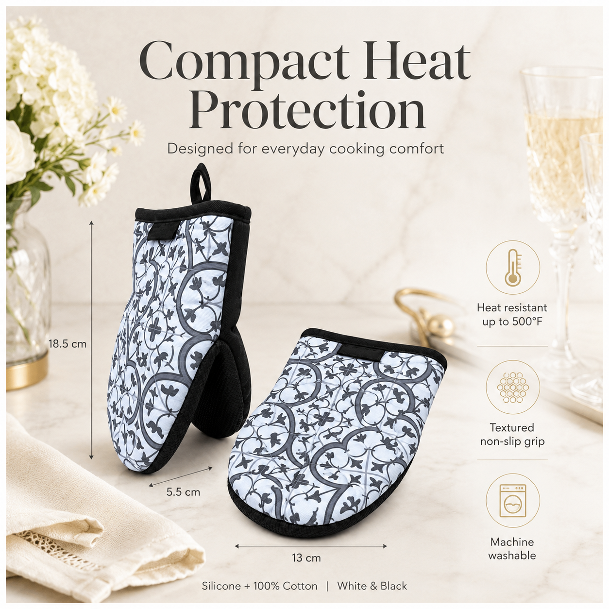 Non Slip 2-Piece Heat-Resistant Silicone Oven Mitt Set with Cotton Lining