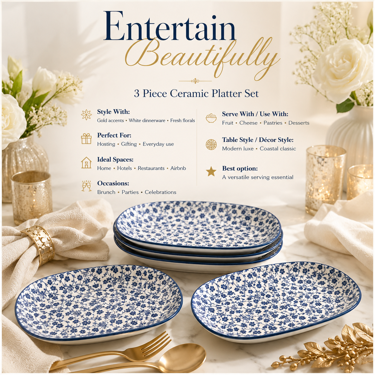 Elegant Blue and White Ceramic Serving Platter Set – Set of 3 - 30 cm