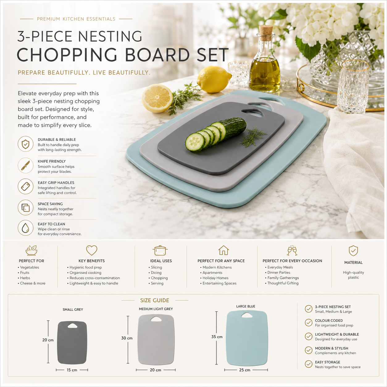 3-Piece Nesting Chopping Board Set – Food-Safe - Non-Slip - Dishwasher Safe