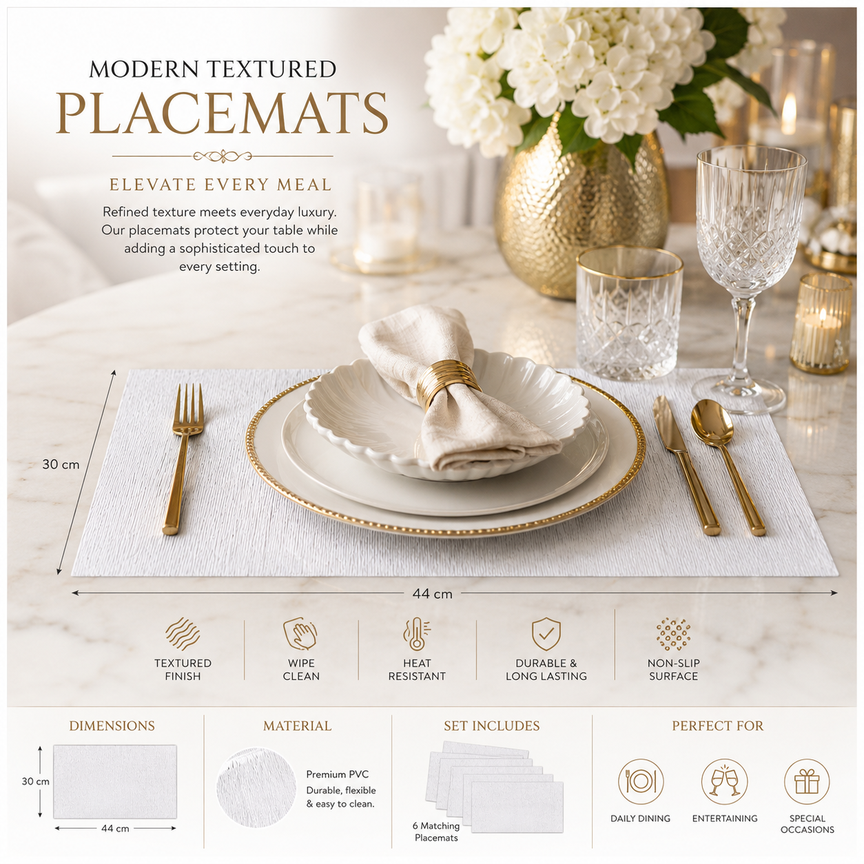 Elegant 6 Piece Textured Placemats – Clear And White 30 x 44 cm Table Mats