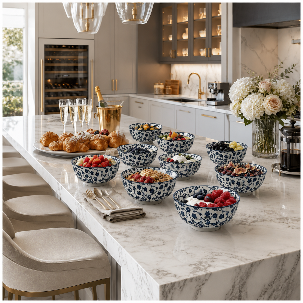Elegant 10-Piece Blue and White Porcelain Starter Bowl Set