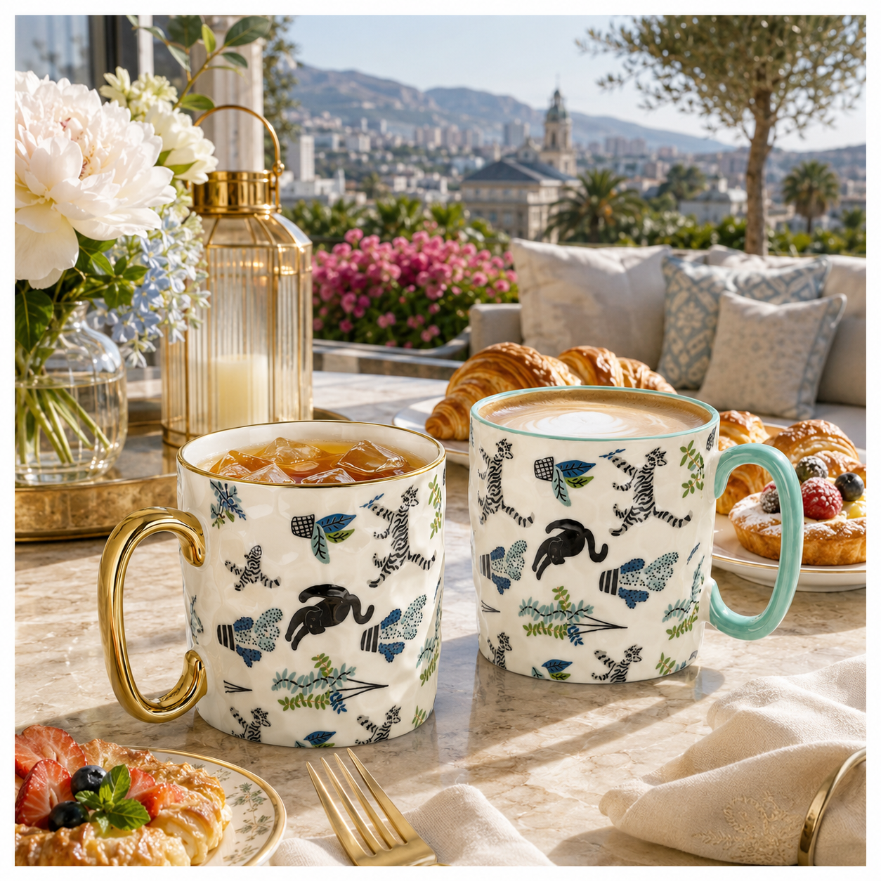 2-Piece Textured Porcelain Coffee Mug Set – 310ml Floral Cat Design