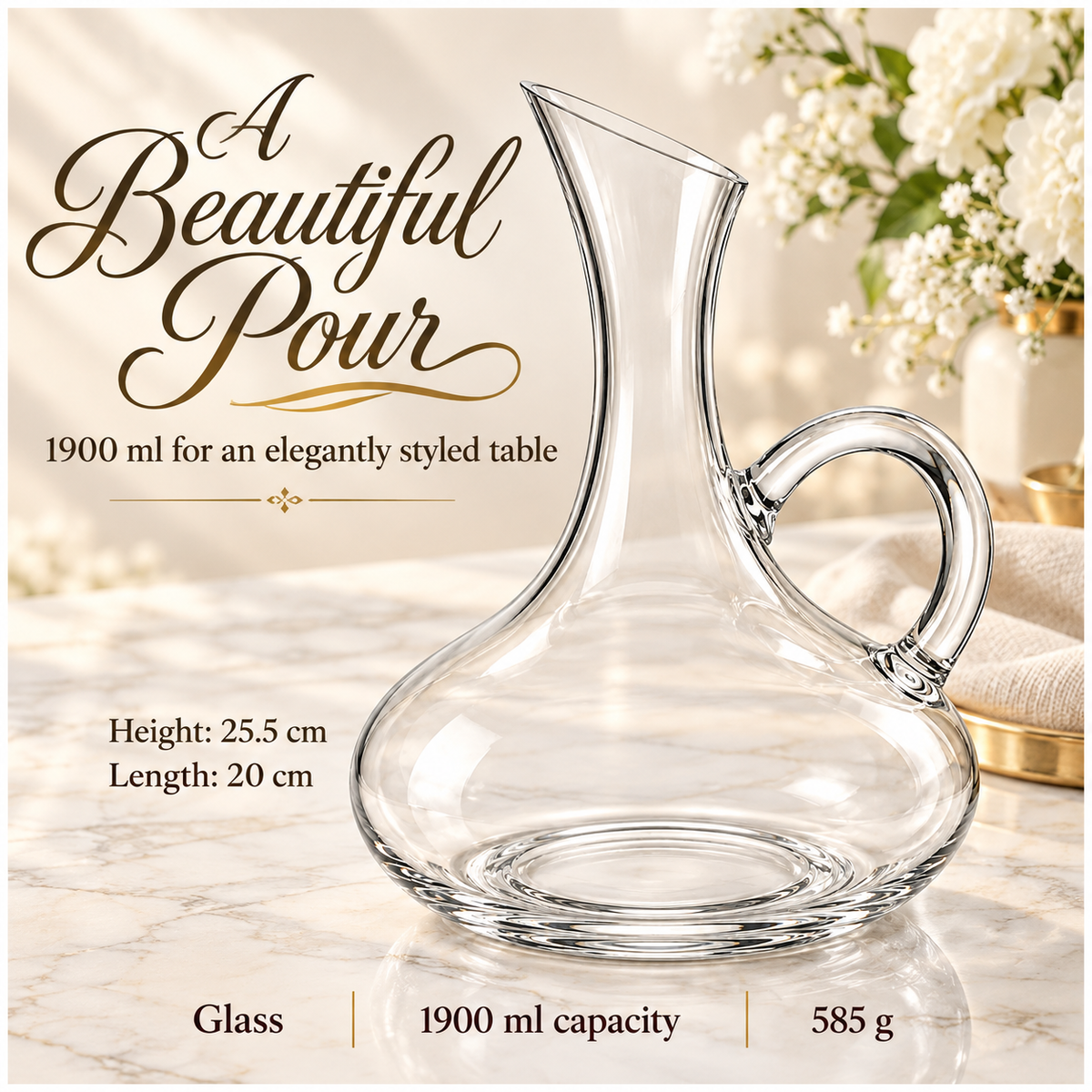 Clear Glass Decanter with Handle - 1900ml Elegant Table Serving Carafe