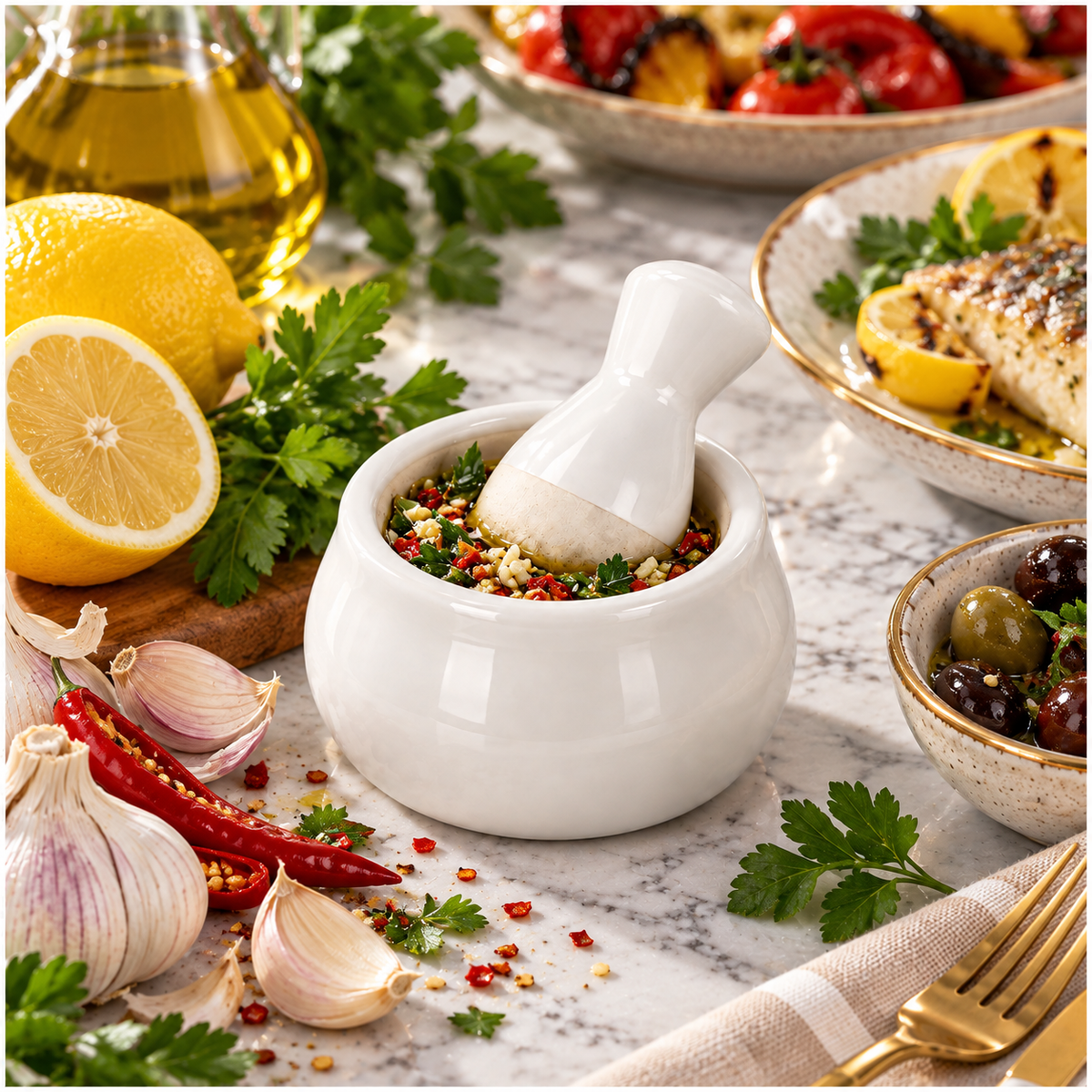 Mini Ceramic Mortar and Pestle Set - White Cream - Herb and Spice Grinder