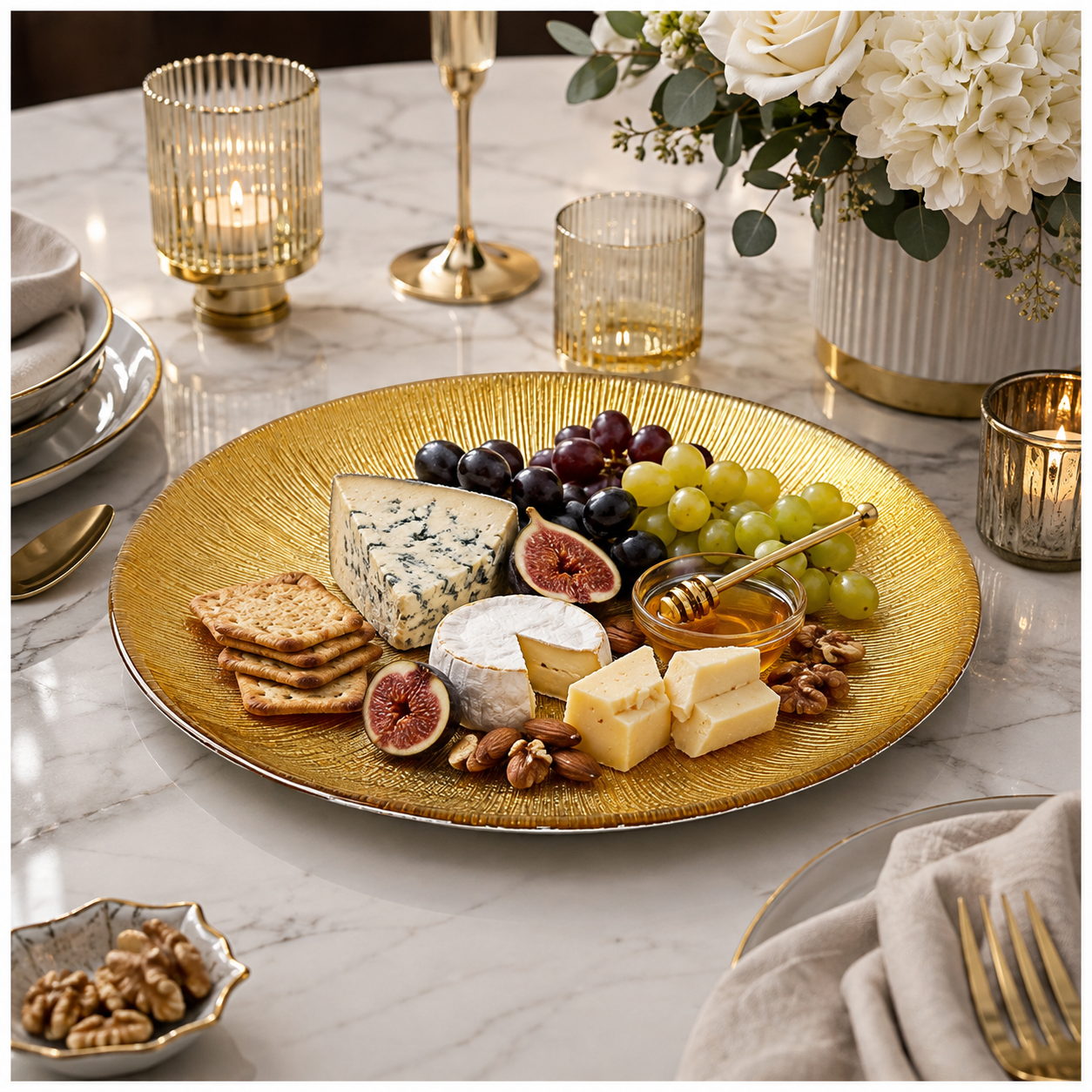 Elegant Gold Sunburst Glass Dessert and Appetizer Platter – 27cm
