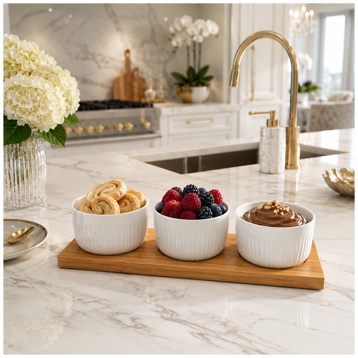 Elegant 4 Piece Bamboo Tray and Ceramic Pastry Bowls -Classic Serveware Set