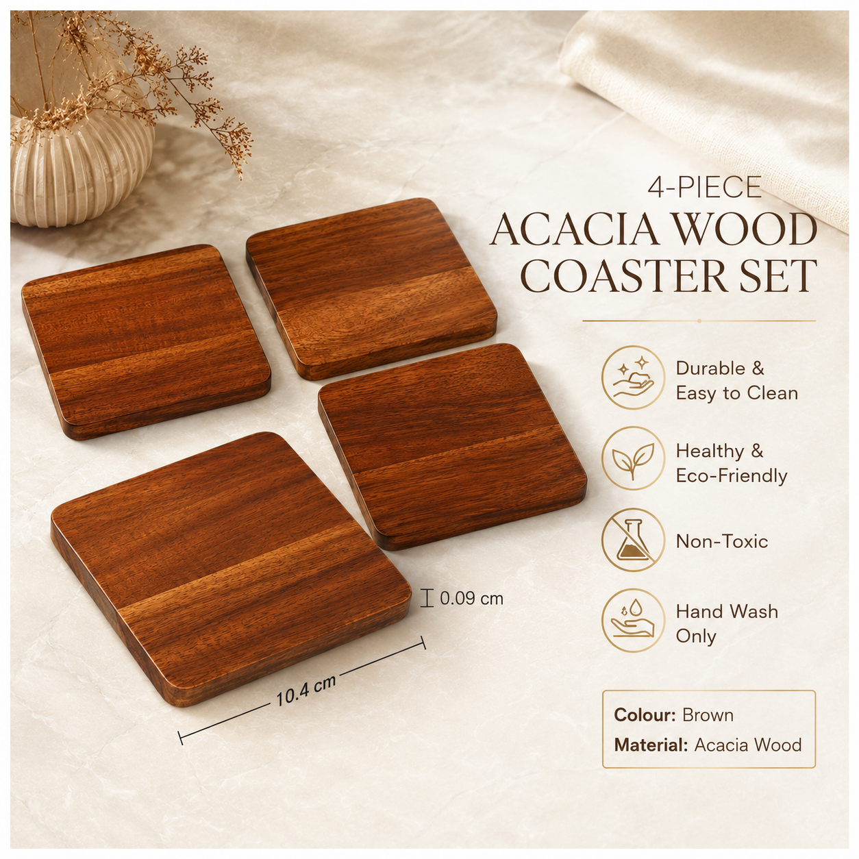 4-Piece Acacia Wood Coaster Set – Brown Wooden Drink Coasters- Eco Friend