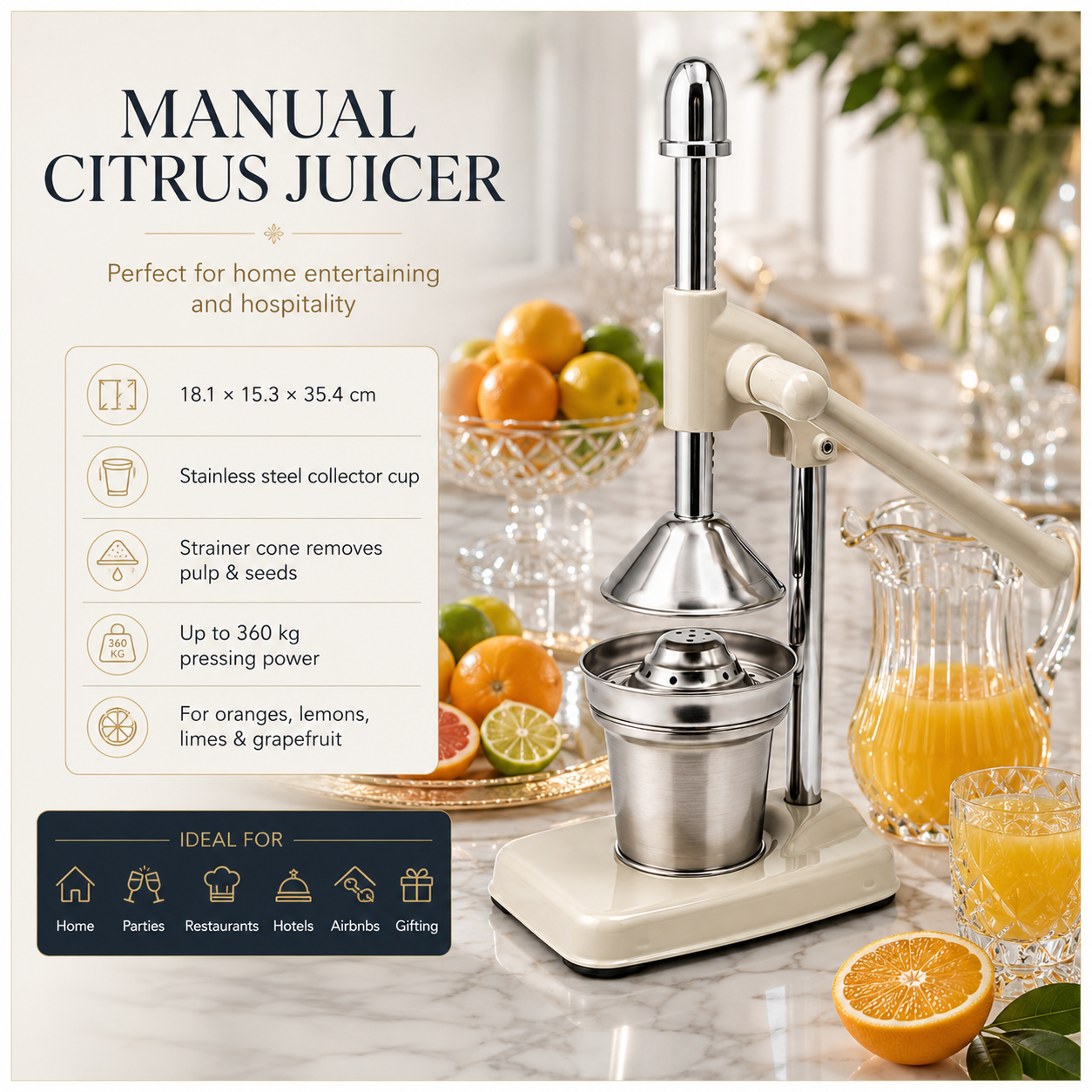 Manual Citrus Juicer- Lever Arm Juice Press with Stainless Steel Cup- 35 CM
