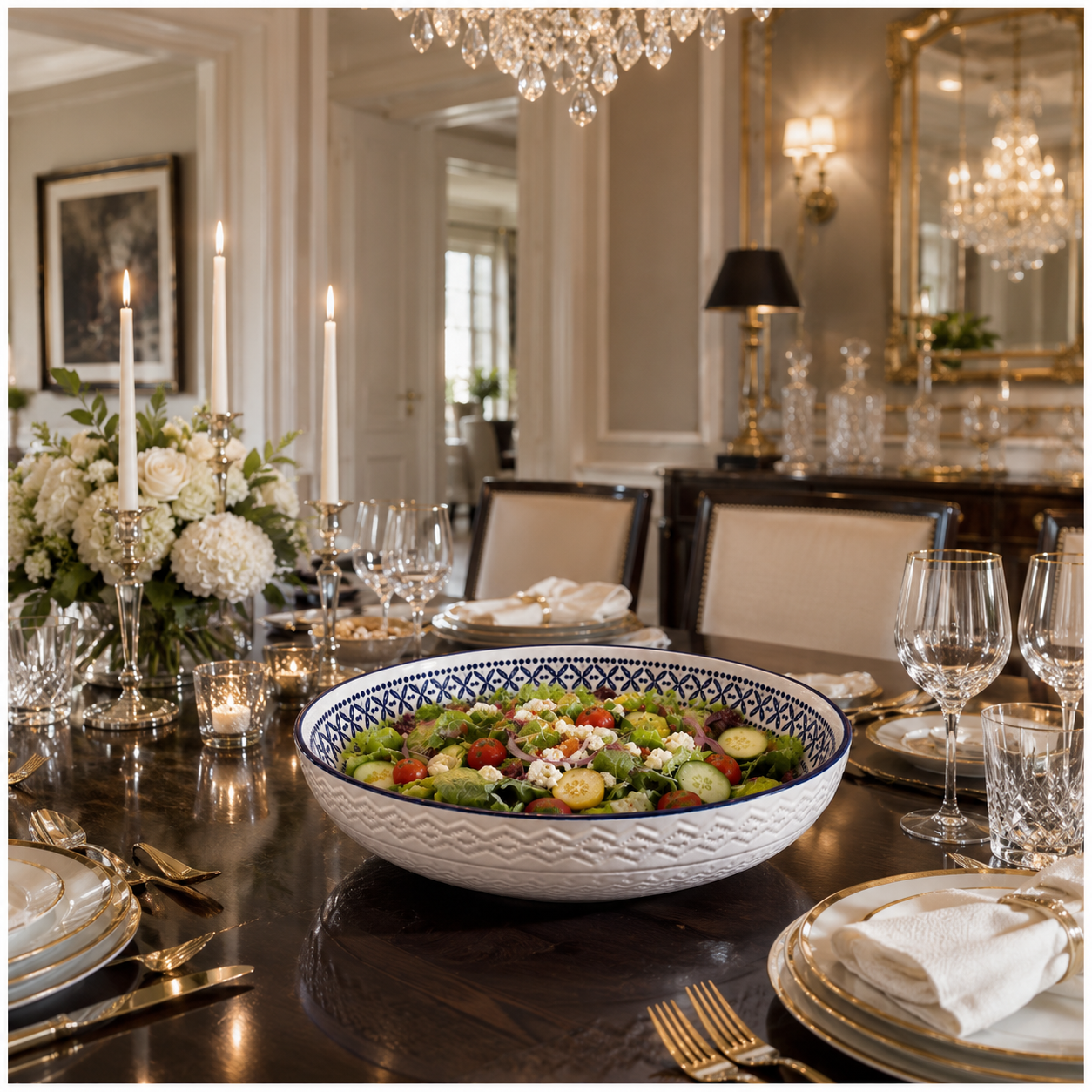 Luxury Large Ceramic Salad Serving Bowl 31cm–Navy and White -Floral Design