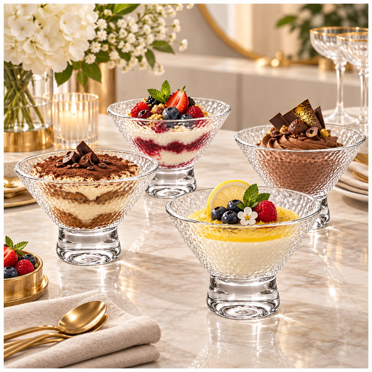 Elegant Glass Footed Dessert Bowls 180ml – Clear Textured Set of 4