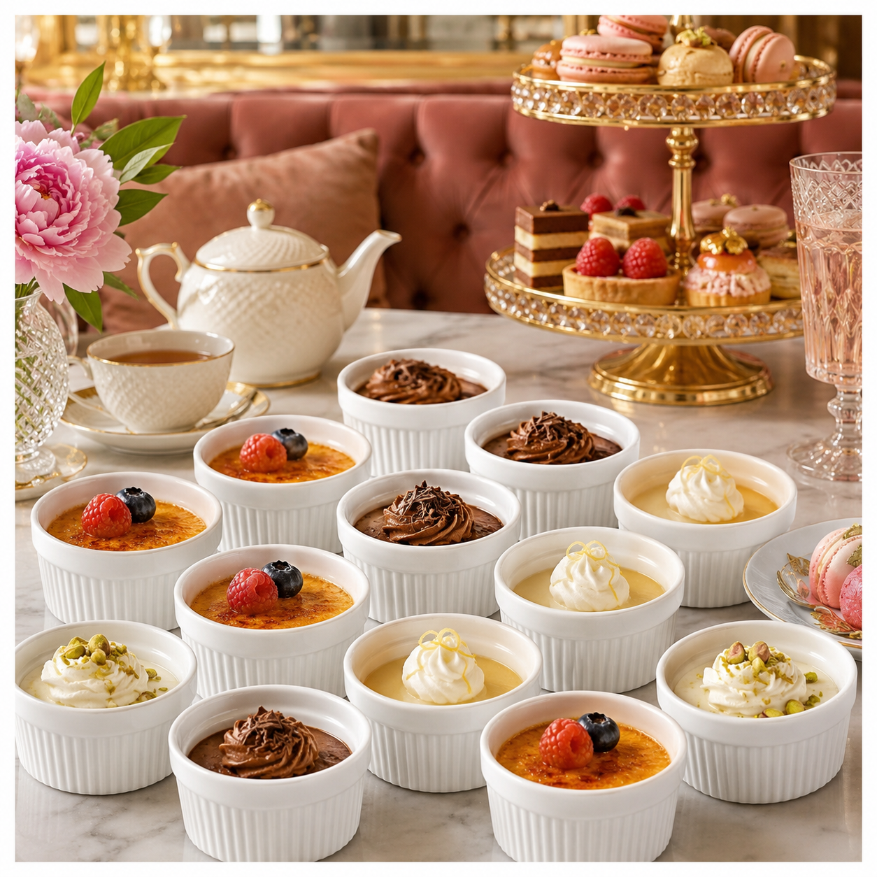 White Porcelain Ramekins Set of 12–Classic Ribbed Dessert and Baking Bowls