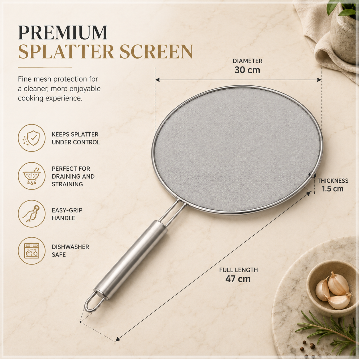 30cm Stainless Steel Splatter Screen with Easy-Grip Handl