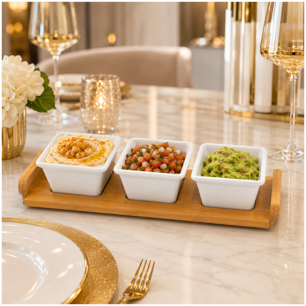 Elegant 4-Piece Ceramic Snack Serving Bowls with Bamboo Tray- 33 x 12 cm