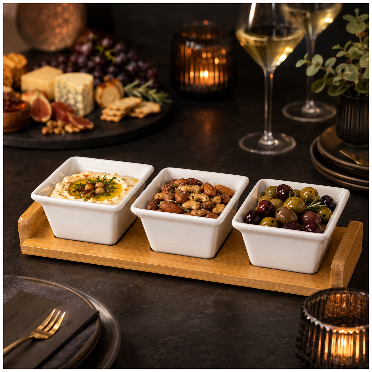 4 Piece Beauitiful Ceramic Snack Bowl Set with Wooden Serving Board- 34 cm