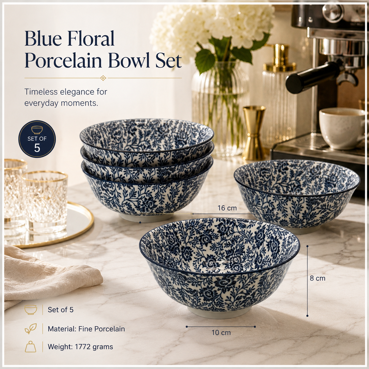 Elegant 5-Piece Blue Floral Fine Porcelain Bowl Set – Fine Dining - 16 cm
