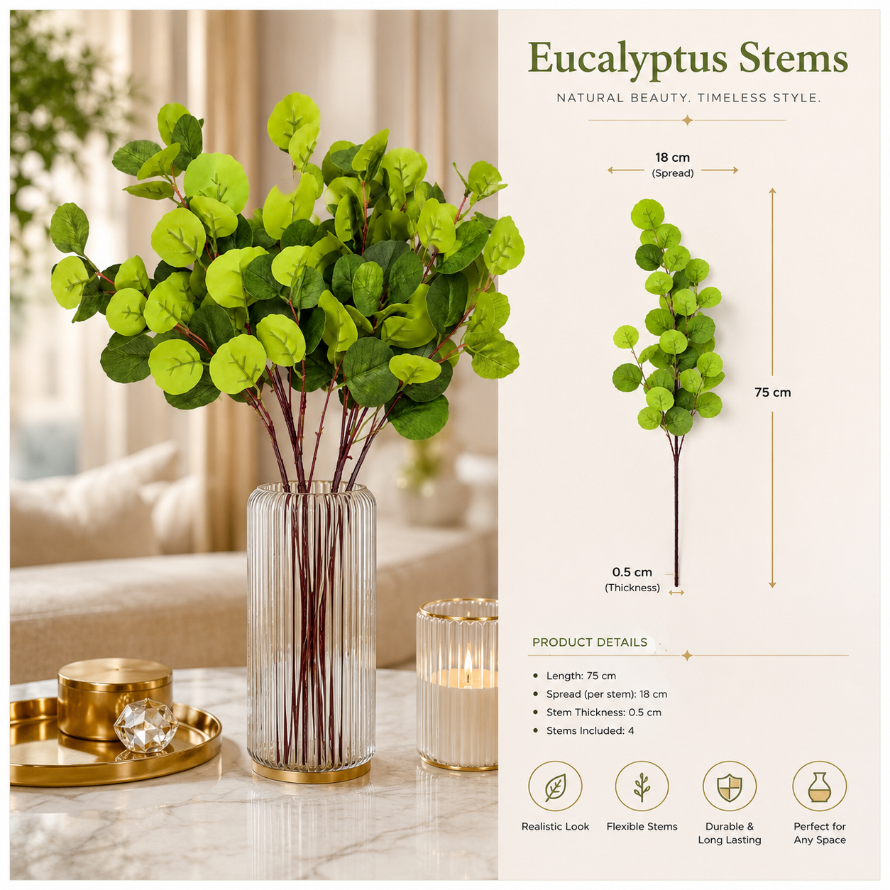 4-Piece Artificial Dollar Tree Eucalyptus Stem Set – 75 cm - Green