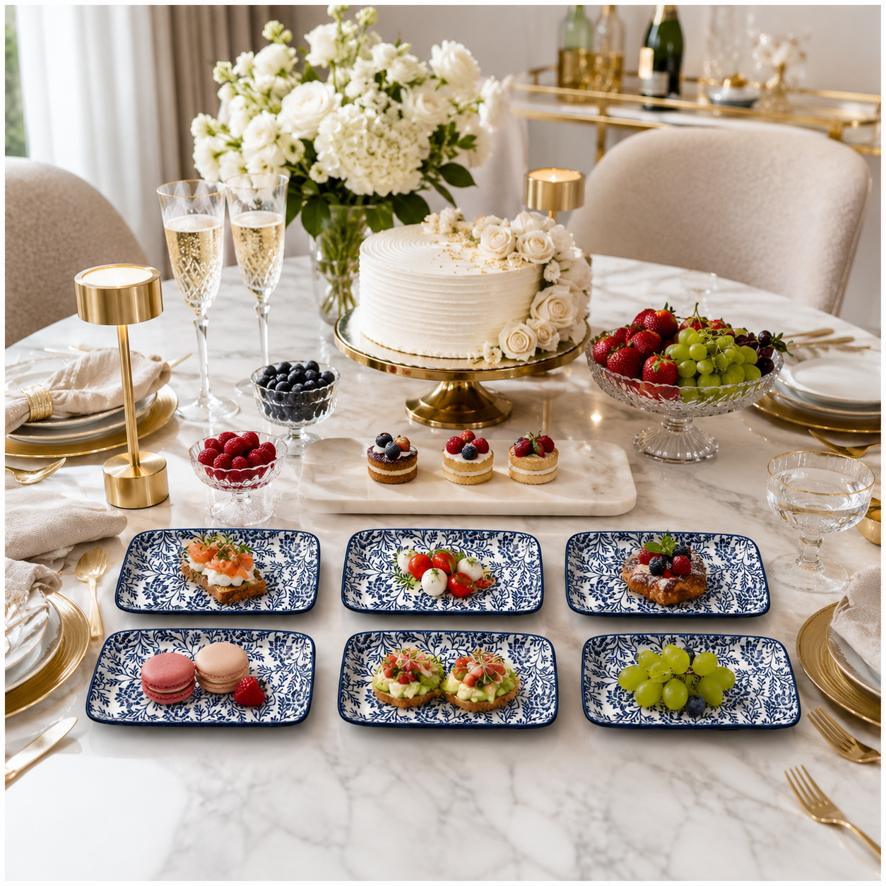 6-Piece Navy Floral Ceramic Side Plates for Luxe Hosting and Everyday Style