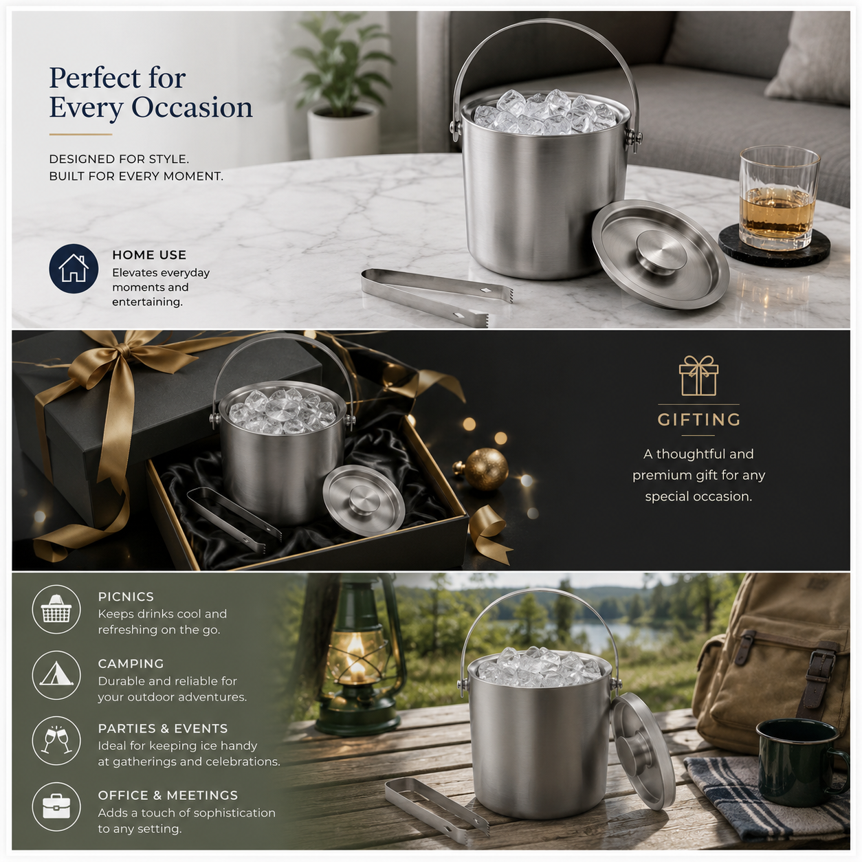 Stainless Steel Ice Basket with Tongs and Lid – 2.8L - 19 x 19 x 17.5 cm