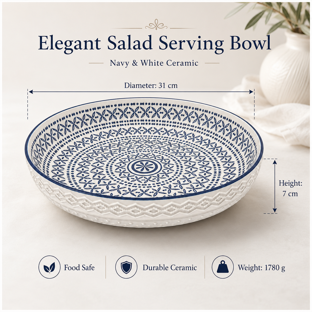 Luxury Large Ceramic Salad Serving Bowl 31cm–Navy and White -Floral Design