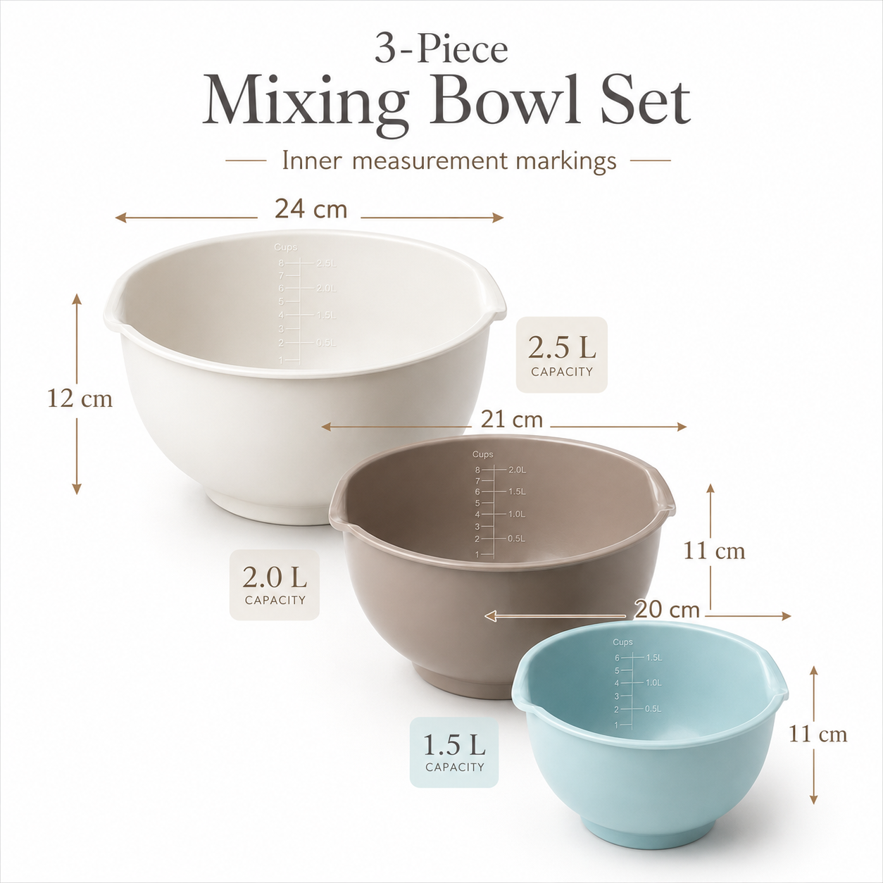 Essential 3-Piece Mixing Bowl Set - Built-In Measurements- 2.5L -2.0L -1.5L