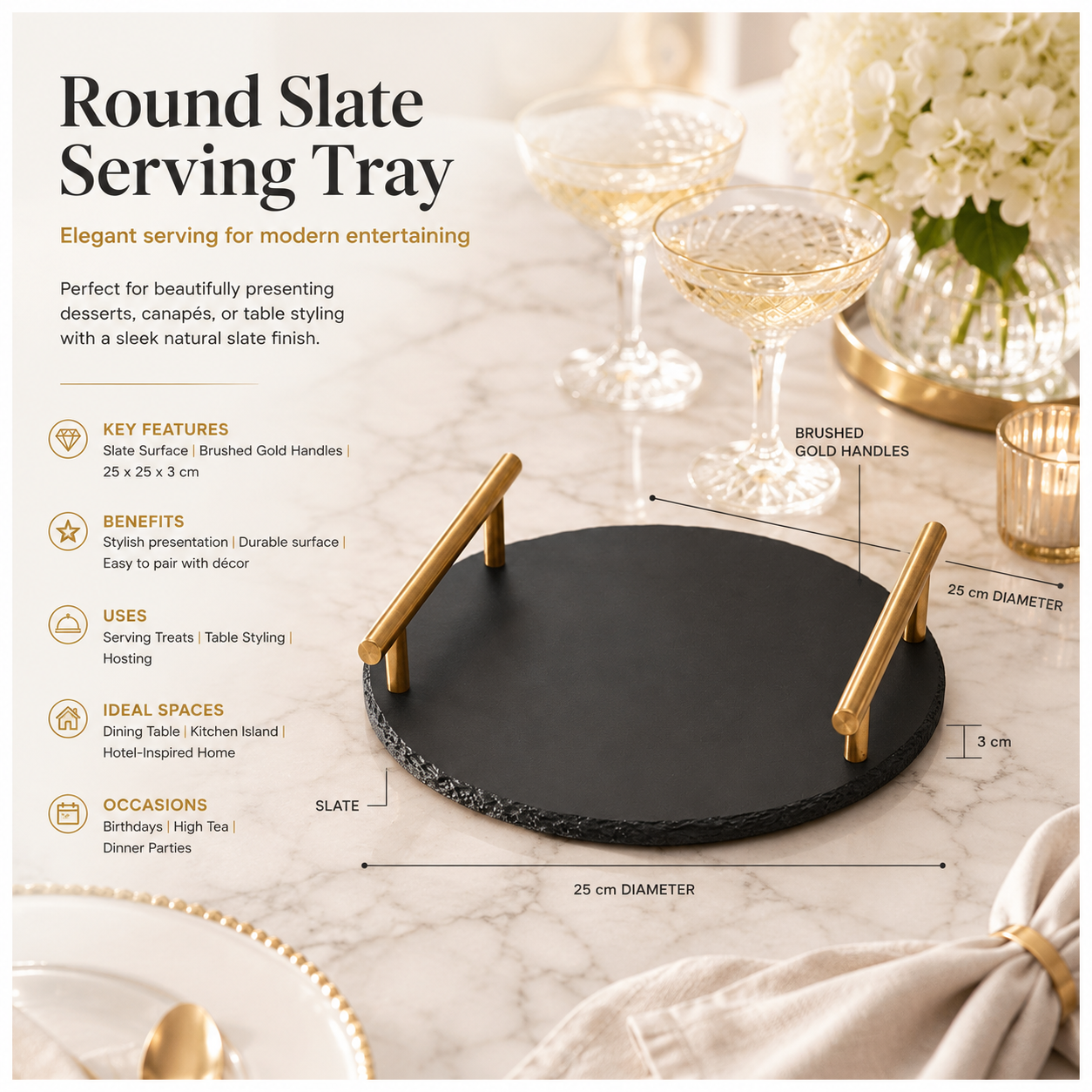 Midnight Slate Round Serving Tray With Metallic Gold Handles