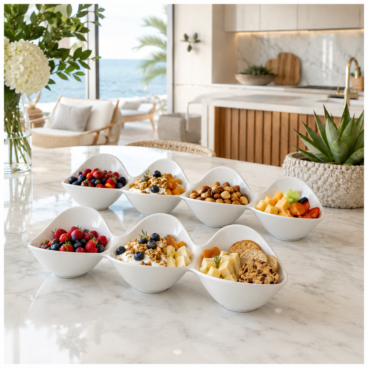 3-Piece White Melamine Triple Bowl Serving Set – 3 x 3-Compartment Bowls